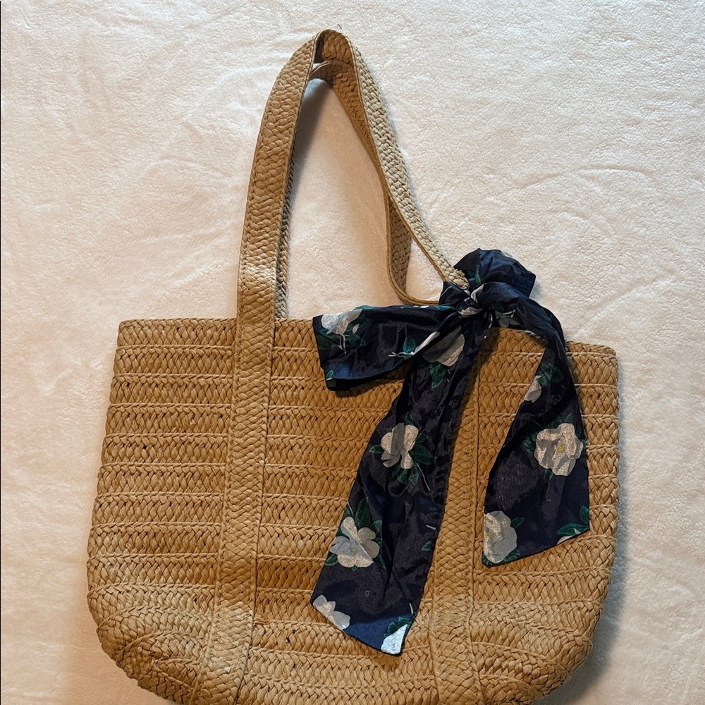 Draper James Tan Woven Tote with Navy Floral Scarf
